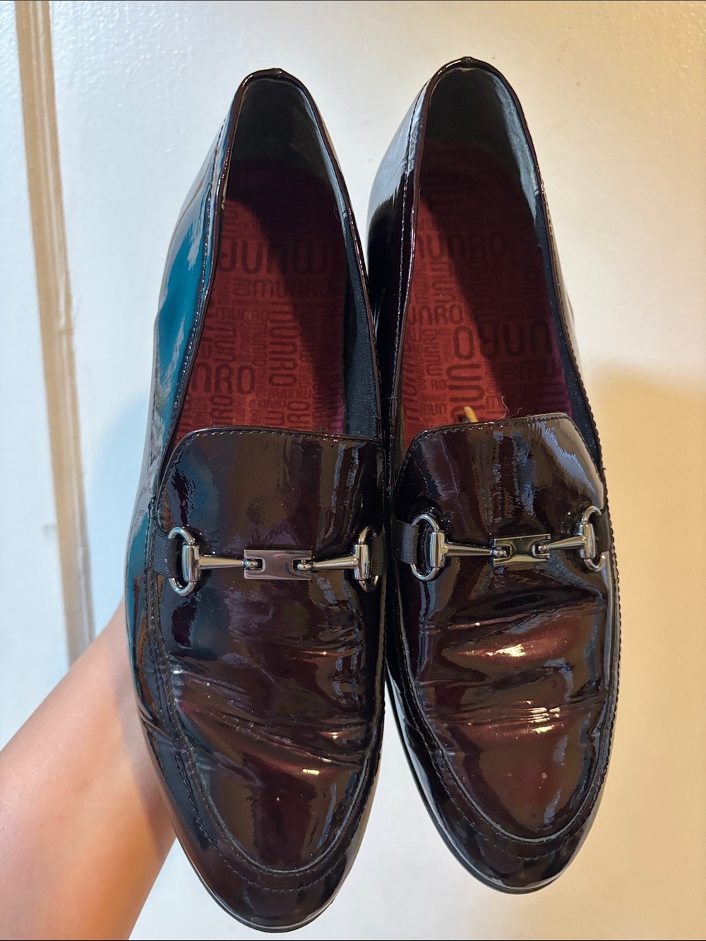 Munro Burgundy Patent Loafers with Silver Horsebit